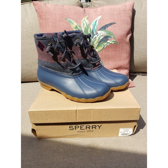 Sperry Womens Saltwater Varsity Stripe Wool Boots Navy/Wine Size 6.5 - Picture 1 of 9